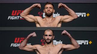 Colagem de fotos de Calvin Kattar e Giga Chikadze posando na pesagem do UFC Vegas 46