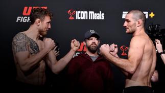 Opponents Jack Hermansson of Sweden and Sean Strickland face off during the UFC Fight Night weigh-in at UFC APEX on February 04, 2022 in Las Vegas, Nevada. (Photo by Chris Unger/Zuffa LLC)