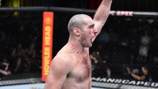 Sean Strickland reacts after the conclusion of his middleweight fight against Jack Hermansson of Sweden during the UFC Fight Night event at UFC APEX on February 05, 2022 in Las Vegas, Nevada. (Photo by Chris Unger/Zuffa LLC)