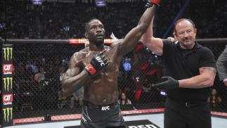 Jared Cannonier celebrates his KO win over Derek Brunson at UFC 271: Adesanya vs Whittaker 2.