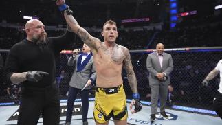 Renato Moicano celebrates his submission win over Alexander Hernandez at UFC 271: Adesanya vs Whittaker 2.