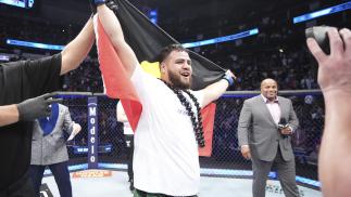 Tai Tuivasa of Australia reacts after his victory over Derrick Lewis at UFC 271: Adesanya vs Whittaker 2.
