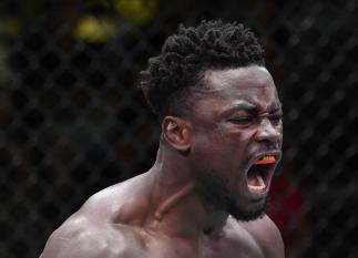 Abdul Razak Alhassan reacts after his knockout victory over Alessio Di Chirico of Italy in a middleweight fight during the UFC Fight Night event at UFC APEX on August 28, 2021 in Las Vegas, Nevada. (Photo by Chris Unger/Zuffa LLC)