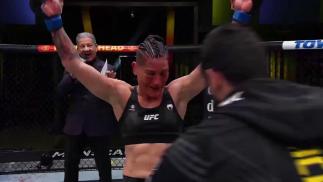 Priscila Cachoeira talks with Michael Bisping after her win at UFC Fight Night: Makhachev vs Green