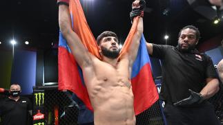 Arman Tsarukyan of Armenia reacts after his knockout victory over Christos Giagos in a lightweight fight during the UFC Fight Night event at UFC APEX on September 18, 2021 in Las Vegas, Nevada. (Photo by Jeff Bottari/Zuffa LLC)