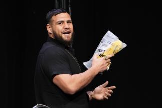 ai Tuivasa of Australia holds a Shoeyvasa during the UFC 271 press conference at George R. Brown Convention Center on February 10, 2022 in Houston, Texas. (Photo by Josh Hedges/Zuffa LLC)
