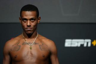 Jamahal Hill poses on the scale during the UFC Fight Night weigh-in at UFC APEX on February 18, 2022 in Las Vegas, Nevada. (Photo by Jeff Bottari/Zuffa LLC)