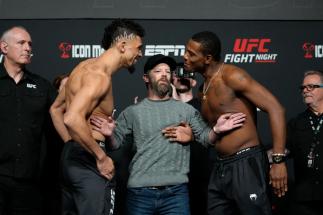 Johnny Walker of Brazil and Jamahal Hill face off during the UFC Fight Night weigh-in at UFC APEX on February 18, 2022 in Las Vegas, Nevada. (Photo by Jeff Bottari/Zuffa LLC)