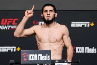 Islam Makhachev of Russia poses on the scale during the UFC Fight Night weigh-in at UFC APEX on February 25, 2022 in Las Vegas, Nevada. (Photo by Chris Unger/Zuffa LLC)