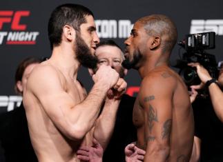 Islam Makhachev of Russia and Bobby Green \fo during the UFC Fight Night weigh-in at UFC APEX on February 25, 2022 in Las Vegas, Nevada. (Photo by Chris Unger/Zuffa LLC)