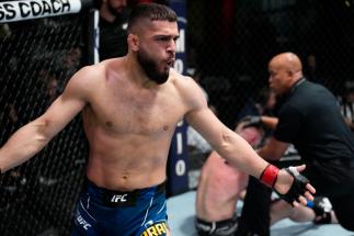Ramiz Brahimaj reacts after his submission victory over Micheal Gillmore in their welterweight fight during the UFC Fight Night event at UFC APEX on February 26, 2022 in Las Vegas, Nevada. (Photo by Chris Unger/Zuffa LLC)