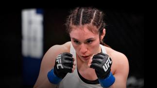 Alexa Grasso of Mexico battles Maycee Barber in their flyweight fight during the UFC 258 event at UFC APEX on February 13, 2021 in Las Vegas, Nevada. (Photo by Jeff Bottari/Zuffa LLC)