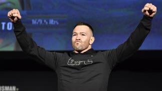 Colby Covington poses on the scale during the UFC 268 ceremonial weigh-in at The Hulu Theater at Madison Square Garden on November 05, 2021 in New York City. (Photo by Jeff Bottari/Zuffa LLC)