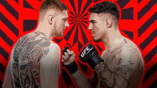 Alexander Volkov and Tom Aspinall face off against a red backdrop on the UFC Event Poster