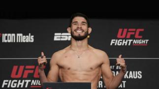 Bruno Souza of Brazil poses on the scale during the UFC Fight Night official weigh-in at the Renaissance Hotel on March 25, 2022 in Columbus, Ohio. (Photo by Mike Roach/Zuffa LLC)