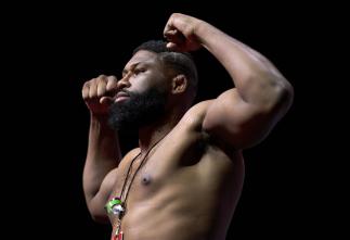 Curtis Blaydes poses on the scale during the UFC 266 ceremonial weigh-in at Park Theater on September 24, 2021 in Las Vegas, Nevada. (Photo by Cooper Neill/Zuffa LLC)