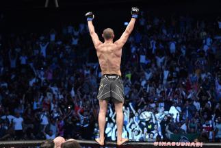 Khamzat Chimaev of Sweden reacts after his victory over Li Jingliang of China in a welterweight fight during the UFC 267 event at Etihad Arena on October 30, 2021 in Yas Island, Abu Dhabi, United Arab Emirates. (Photo by Chris Unger/Zuffa LLC)