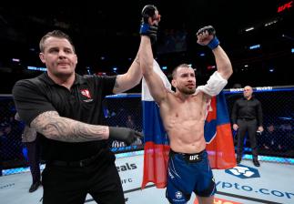 Ludovit Klein of Slovakia reacts after his victory over Devonte Smith in their lightweight fight during the UFC 272 event on March 05, 2022 in Las Vegas, Nevada. (Photo by Jeff Bottari/Zuffa LLC)