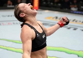 Maryna Moroz of Ukraine reacts after her submission victory over Mariya Agapova of Kazakhstan in their flyweight fight during the UFC 272 event on March 05, 2022 in Las Vegas, Nevada. (Photo by Jeff Bottari/Zuffa LLC)