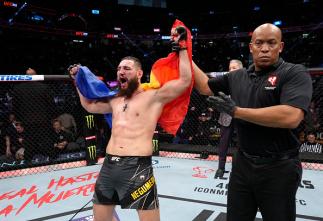 Nicolae Negumereanu of Romania reacts after his victory over Kennedy Nzechukwu of Nigeria in their light heavyweight fight during the UFC 272 event on March 05, 2022 in Las Vegas, Nevada. (Photo by Jeff Bottari/Zuffa LLC)