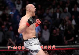Serghei Spivac of Moldova reacts after his TKO victory over Greg Hardy in their heavyweight fight during the UFC 272 event on March 05, 2022 in Las Vegas, Nevada. (Photo by Jeff Bottari/Zuffa LLC)