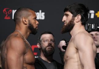 Thiago Santos of Brazil and Magomed Ankalaev of Russia face off during the UFC Fight Night weigh-in at UFC APEX on March 11, 2022 in Las Vegas, Nevada. (Photo by Chris Unger/Zuffa LLC)