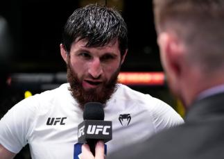 Magomed Ankalaev of Russia reacts after his victory over Thiago Santos of Brazil in their light heavyweight fight during the UFC Fight Night event at UFC APEX on March 12, 2022 in Las Vegas, Nevada. (Photo by Chris Unger/Zuffa LLC)