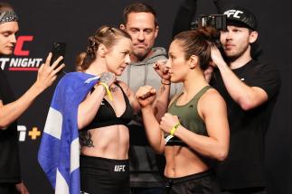Joanne Wood of Scotland and Alexa Grasso of Mexico face off during the UFC Fight Night ceremonial weigh-in at Nationwide Arena on March 25, 2022 in Columbus, Ohio. (Photo by Josh Hedges/Zuffa LLC)