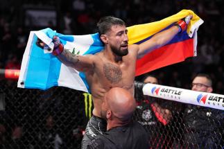 Chris Gutierrez celebrates his TKO victory over Batgerel Danaa of Mongolia in a bantamweight fight during the UFC Fight Night event at Nationwide Arena on March 26, 2022 in Columbus, Ohio. (Photo by Josh Hedges/Zuffa LLC)