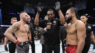 Opponents Colby Covington and Jorge Masvidal face off prior to their welterweight fight during the UFC 272 event on March 05, 2022 in Las Vegas, Nevada. (Photo by Jeff Bottari/Zuffa LLC)