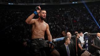 JACKSONVILLE, FLORIDA - APRIL 09: Khamzat Chimaev of Russia reacts after his three round battle against Gilbert Burns of Brazil in their welterweight fight during the UFC 273 event at VyStar Veterans Memorial Arena on April 09, 2022 in Jacksonville, Florida. (Photo by Jeff Bottari/Zuffa LLC)