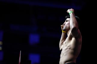Vincente Luque poses on the scale during the UFC 265 ceremonial weigh-in at Toyota Center on August 06, 2021 in Houston, Texas. (Photo by Cooper Neill/Zuffa LLC)