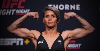 Amanda Lemos of Brazil poses on the scale during the UFC Fight Night weigh-in at UFC APEX on July 16, 2021 in Las Vegas, Nevada. (Photo by Jeff Bottari/Zuffa LLC)