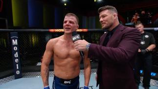 Grant Dawson talks with Michael Bisping in the Octagon after his win at UFC Fight Night: Font vs Vera
