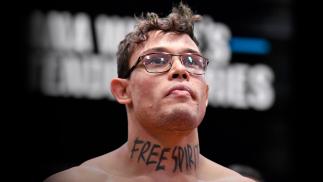 Caio Borralho reacts after his TKO victory over Jesse Murray in a light heavyweight fight during Dana White's Contender Series season five, week eight at UFC APEX on October 19, 2021 in Las Vegas, Nevada. (Photo by Chris Unger/Zuffa LLC)