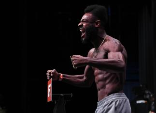 Aljamain Sterling poses on the scale during the UFC Fight Night weigh-in at the Comerica Theatre on February 16, 2019 in the Phoenix, Arizona. (Photo by Mike Roach/Zuffa LLC/Zuffa LLC via Getty Images)