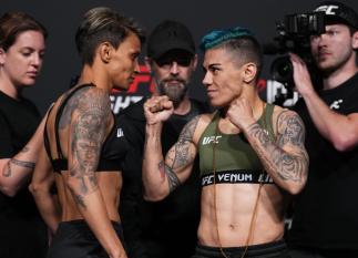 Amanda Lemos of Brazil and Jessica Andrade of Brazil face off during the UFC weigh-in at UFC APEX on April 22, 2022 in Las Vegas, Nevada. (Photo by Chris Unger/Zuffa LLC)