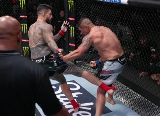 Tyson Pedro of Australia kicks Ike Villanueva in a light heavyweight fight during the UFC Fight Night event at UFC APEX on April 23, 2022 in Las Vegas, Nevada. (Photo by Jeff Bottari/Zuffa LLC)