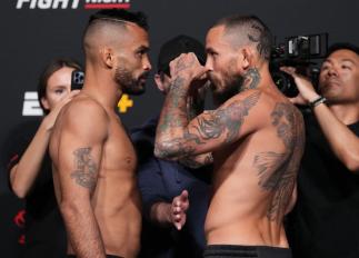 LAS VEGAS, NEVADA - APRIL 29: (L-R) Opponents Rob Font and Marlon Vera of Ecuador face off during the UFC weigh-in at UFC APEX on April 29, 2022 in Las Vegas, Nevada. (Photo by Chris Unger/Zuffa LLC)
