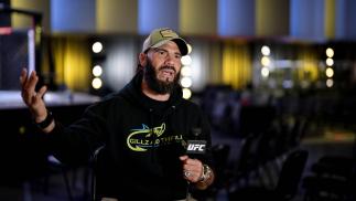 Clay Guida speaks to the media ahead of his fight with Claudio Puelles, April 2022 (Photo by Kaylie Foster/Zuffa LLC)