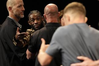 Aljamain Sterling and Petr Yan of Russia are held back during the UFC 273 press conference on April 07, 2022 in Jacksonville, Florida. (Photo by Mike Roach/Zuffa LLC)