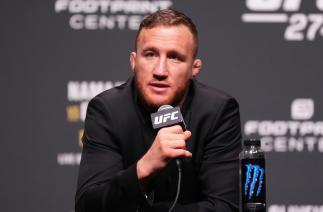 Justin Gaethje is seen on stage during the UFC 274 press conference at Arizona Federal Theatre on May 05, 2022 in Phoenix, Arizona.