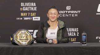 Carla Esparza talks with the media at UFC 274 after defeating Rose Namajunas.