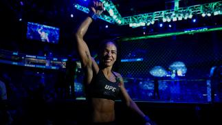 Viviane Araujo of Brazil reacts after her victory over Roxanne Modafferi in a flyweight fight during the UFC Fight Night event at Etihad Arena on UFC Fight Island on January 20, 2021 in Abu Dhabi, United Arab Emirates. (Photo by Chris Unger/Zuffa LLC)