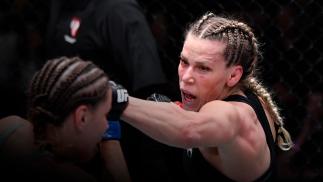 LAS VEGAS, NEVADA - JANUARY 15: (R-L) Katlyn Chookagian punches Jennifer Maia of Brazil in their lightweight fight during the UFC Fight Night event at UFC APEX on January 15, 2022 in Las Vegas, Nevada. (Photo by Jeff Bottari/Zuffa LLC)