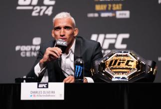 Charles Oliveira of Brazil is seen on stage during the UFC 274 press conference at Arizona Federal Theatre on May 05, 2022 in Phoenix, Arizona. (Photo by Chris Unger/Zuffa LLC)
