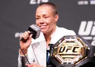 Rose Namajunas is seen on stage during the UFC 274 press conference at Arizona Federal Theatre on May 05, 2022 in Phoenix, Arizona. (Photo by Chris Unger/Zuffa LLC)