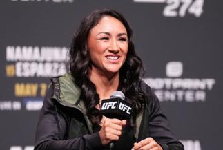 Carla Esparza is seen on stage during the UFC 274 press conference at Arizona Federal Theatre on May 05, 2022 in Phoenix, Arizona. (Photo by Chris Unger/Zuffa LLC)