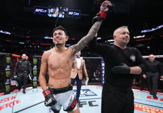 Brandon Royval celebrates after his victory over Matt Schnell in a flyweight fight during the UFC 274 event at Footprint Center on May 07, 2022 in Phoenix, Arizona. (Photo by Chris Unger/Zuffa LLC)