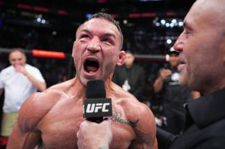 Michael Chandler celebrates after his knockout victory over Tony Ferguson in a lightweight fight during the UFC 274 event at Footprint Center on May 07, 2022 in Phoenix, Arizona. (Photo by Chris Unger/Zuffa LLC)